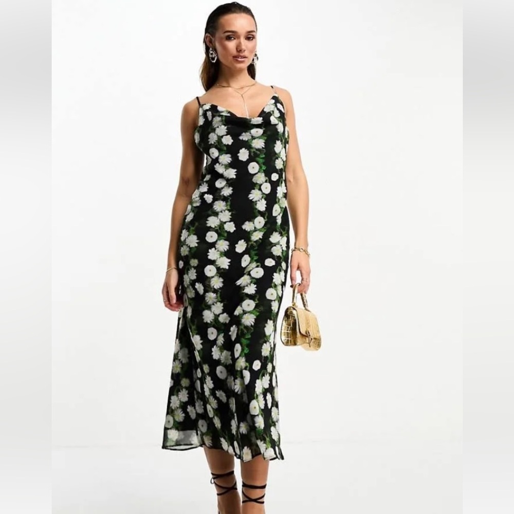 NWT ASOS DESIGN CHIFFON COWL NECK MIDI SLIP DRESS BLURRED FLORAL PRINT SIZE 4